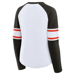 Cleveland Browns Women's Redzone Blitz Package Raglan Lace-Up V-Neck Long Sleeve T-Shirt - White/Brown on sale