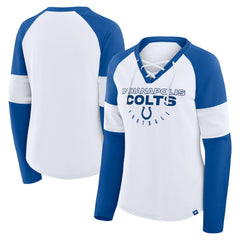 Indianapolis Colts Women's Redzone Blitz Package Raglan Lace-Up V-Neck Long Sleeve T-Shirt - White/Royal discount