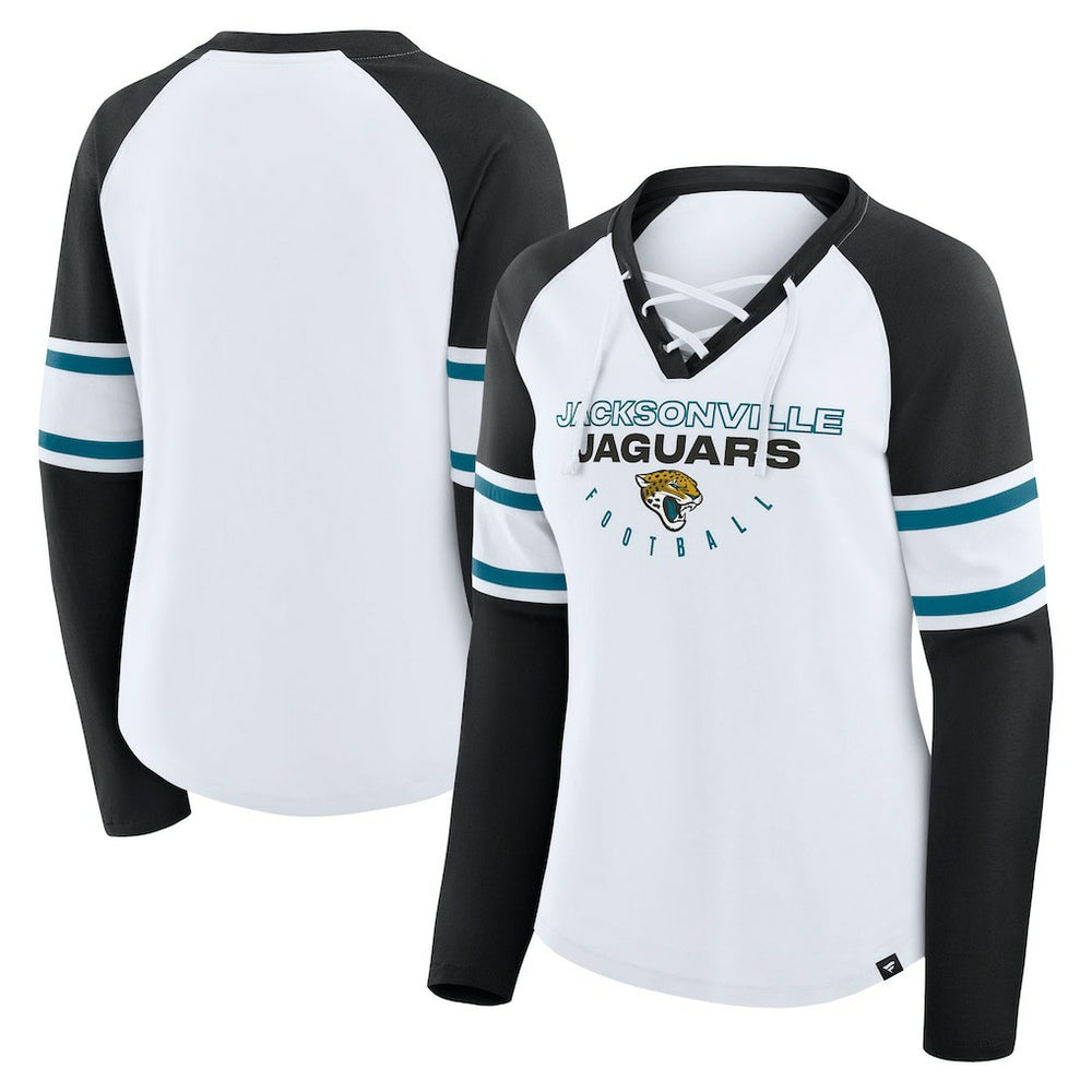 Jacksonville Jaguars Women's Redzone Blitz Package Raglan Lace-Up V-Neck Long Sleeve T-Shirt - White/Black outlet