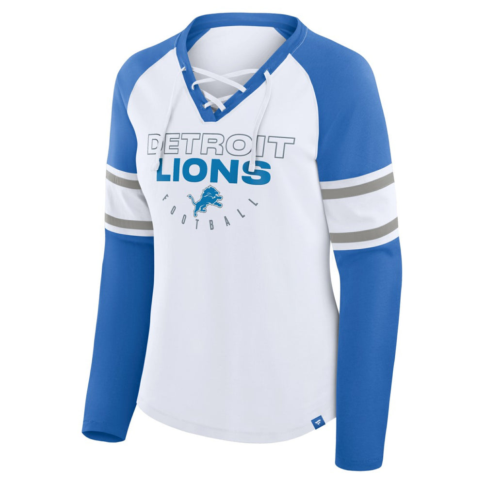 Detroit Lions Women's Redzone Blitz Package Raglan Lace-Up V-Neck Long Sleeve T-Shirt - White/Blue sale