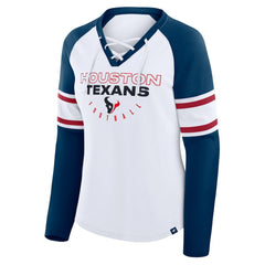 Houston Texans Women's Redzone Blitz Package Raglan Lace-Up V-Neck Long Sleeve T-Shirt - White/Navy discount