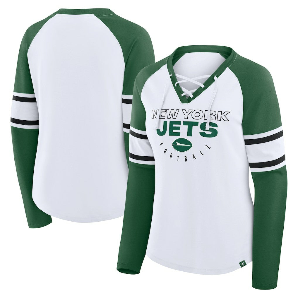 New York Jets Women's Redzone Blitz Package Raglan Lace-Up V-Neck Long Sleeve T-Shirt - White/Green cheap