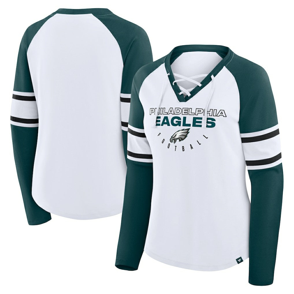 Philadelphia Eagles Women's Redzone Blitz Package Raglan Lace-Up V-Neck Long Sleeve T-Shirt - White/Green for sale