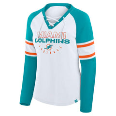 Miami Dolphins Women's Redzone Blitz Package Raglan Lace-Up V-Neck Long Sleeve T-Shirt - White/Aqua outlet