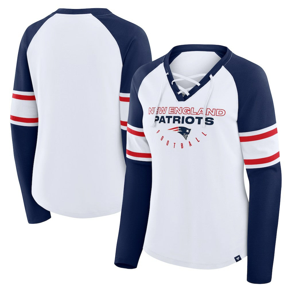 New England Patriots Women's Redzone Blitz Package Raglan Lace-Up V-Neck Long Sleeve T-Shirt - White/Navy cheap