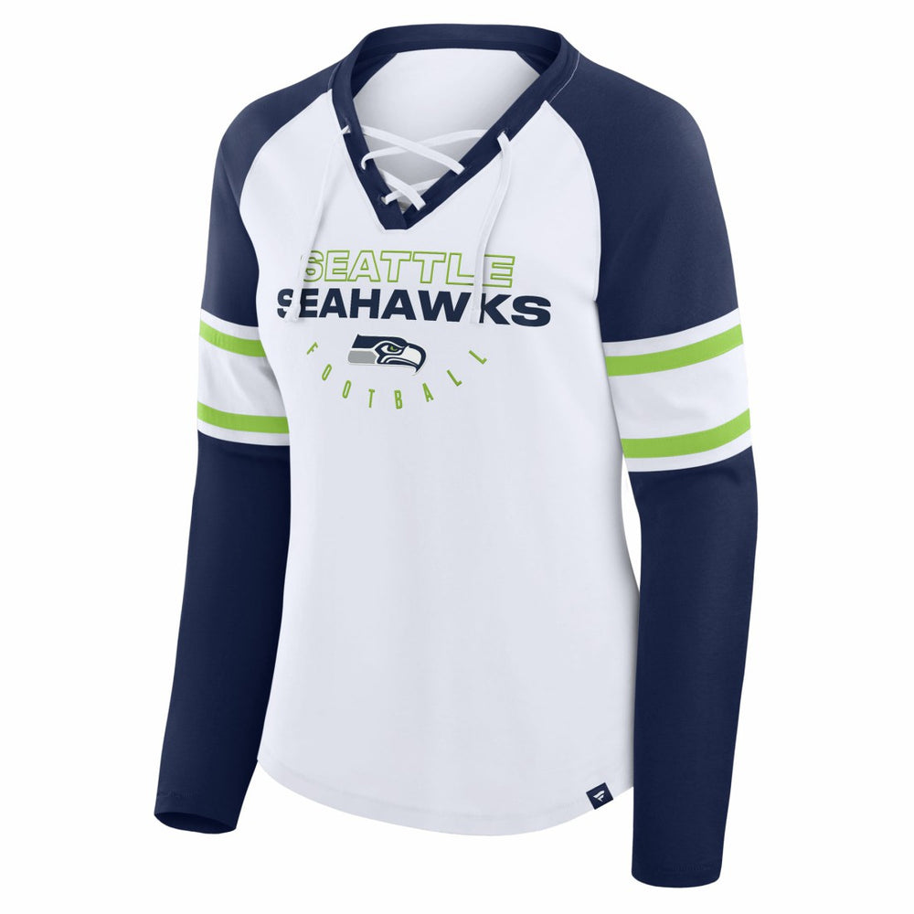 Seattle Seahawks Women's Redzone Blitz Package Raglan Lace-Up V-Neck Long Sleeve T-Shirt - White/College Navy on sale