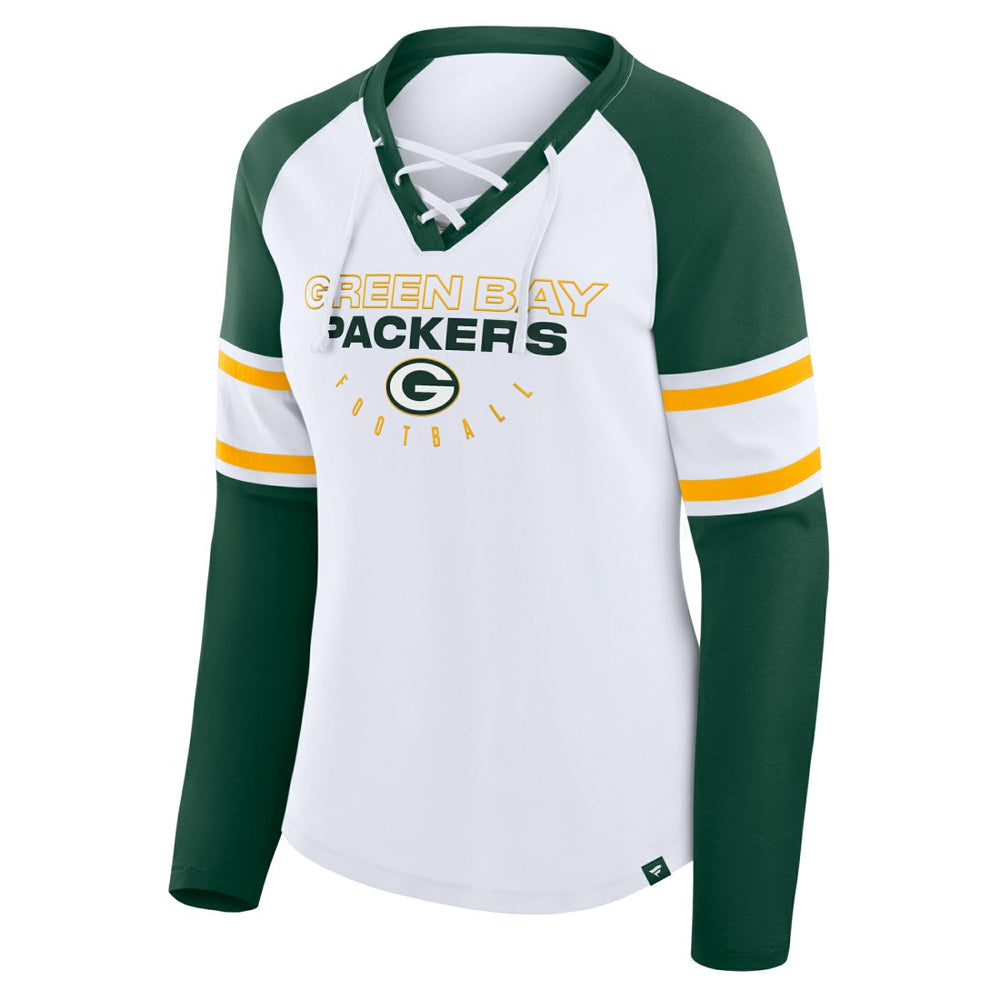 Green Bay Packers Women's Redzone Blitz Package Raglan Lace-Up V-Neck Long Sleeve T-Shirt - White/Green sale