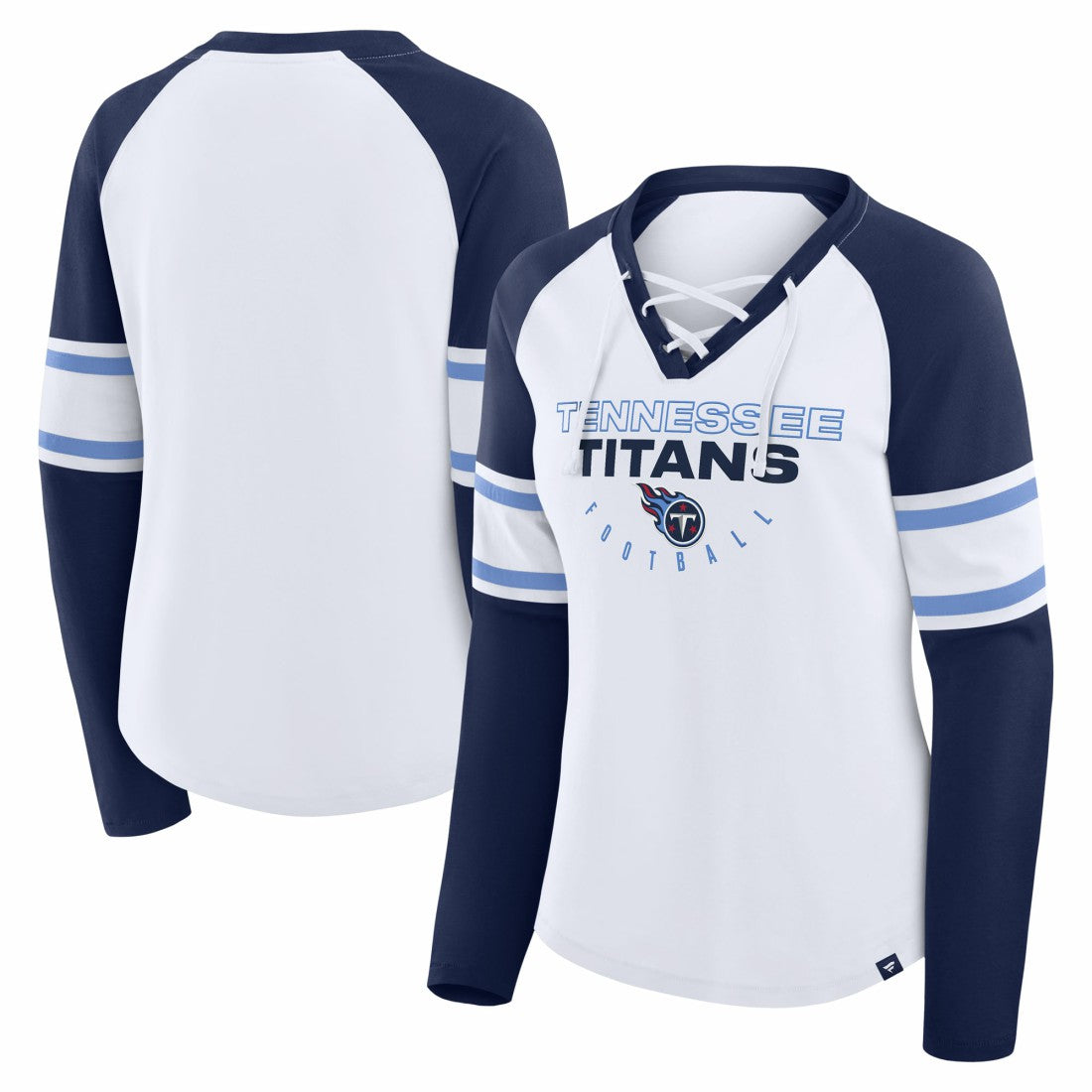 Tennessee Titans Women's Redzone Blitz Package Raglan Lace-Up V-Neck Long Sleeve T-Shirt - White/Navy discount