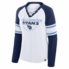 Tennessee Titans Women's Redzone Blitz Package Raglan Lace-Up V-Neck Long Sleeve T-Shirt - White/Navy discount