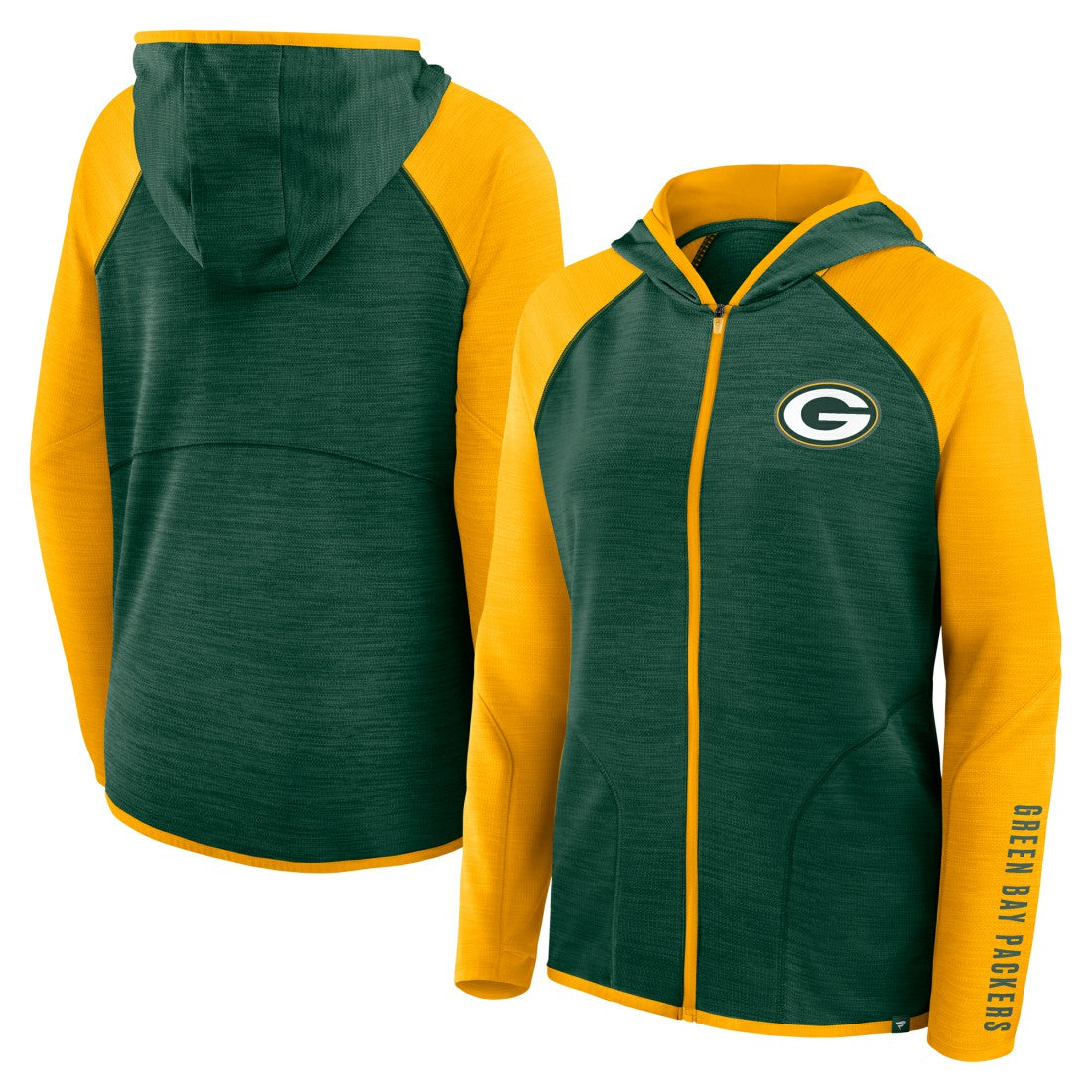 Green Bay Packers Women's Redzone End Around Pass Raglan Full-Zip Hoodie - Green/Gold on sale