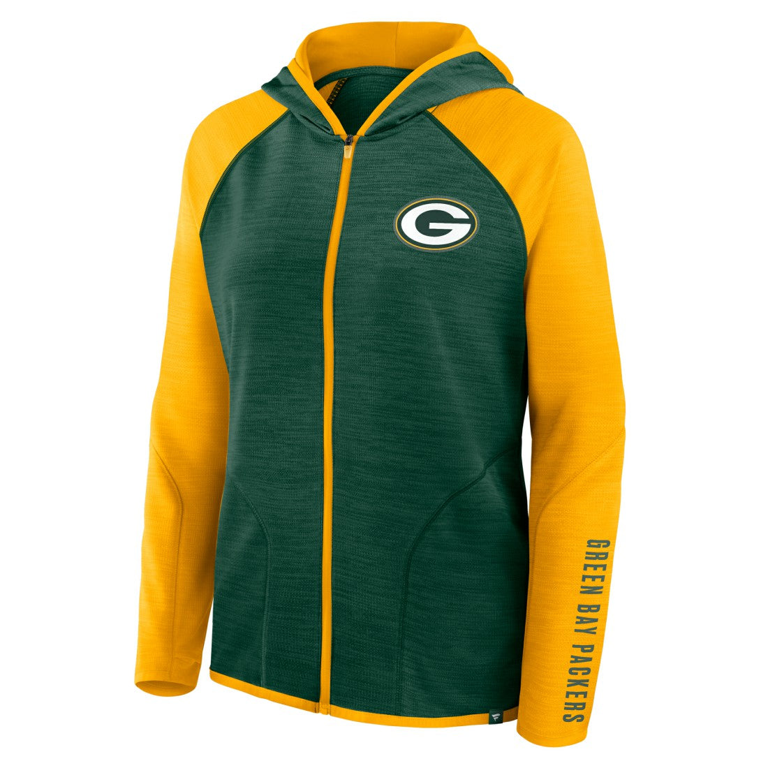 Green Bay Packers Women's Redzone End Around Pass Raglan Full-Zip Hoodie - Green/Gold on sale
