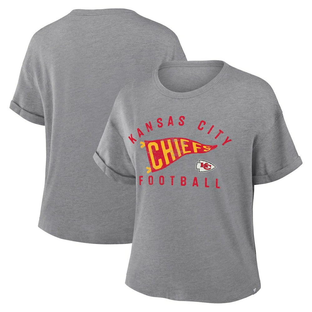 Kansas City Chiefs Women's Pennant Wave Tribute Tri-Blend Boxy T-Shirt - Heather Gray for sale