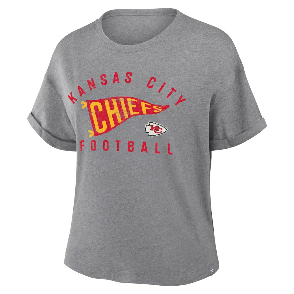 Kansas City Chiefs Women's Pennant Wave Tribute Tri-Blend Boxy T-Shirt - Heather Gray for sale