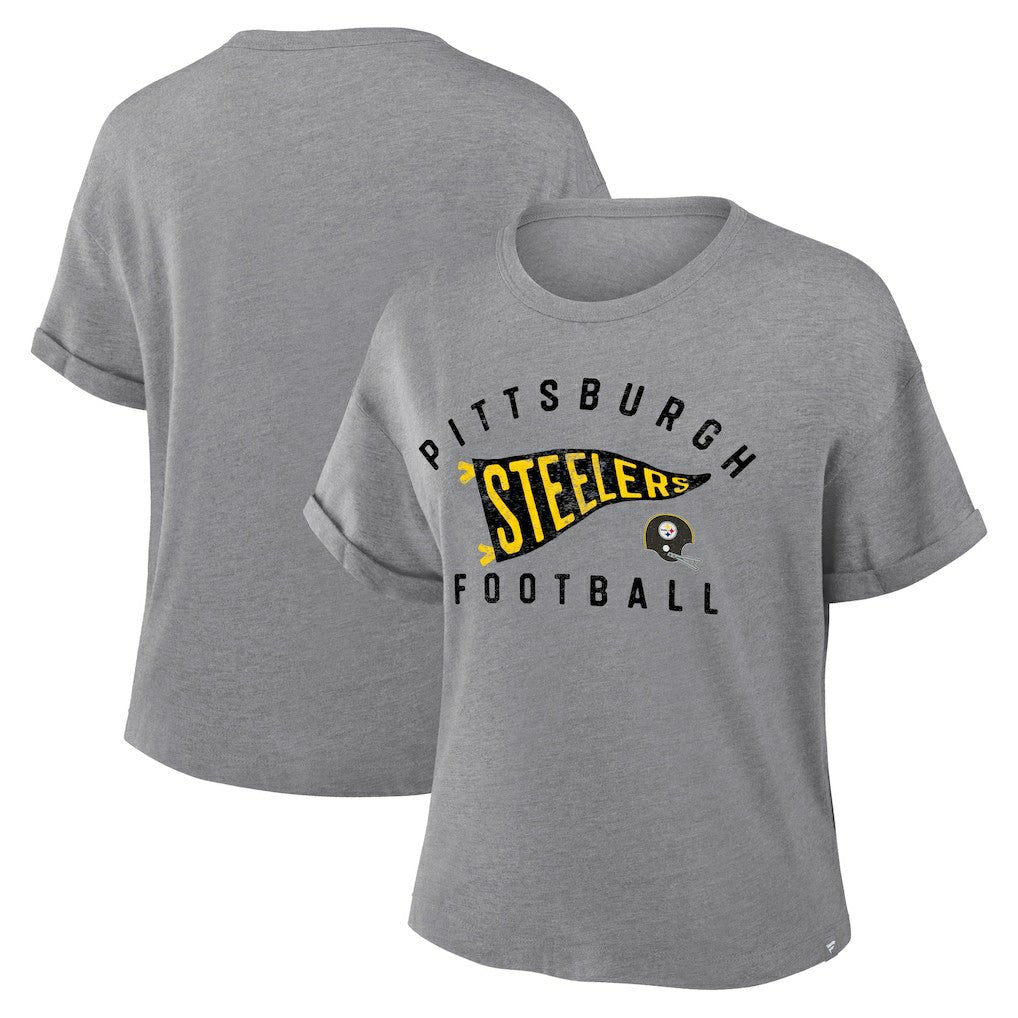 Pittsburgh Steelers Women's Pennant Wave Tribute Tri-Blend Boxy T-Shirt - Heather Gray sale