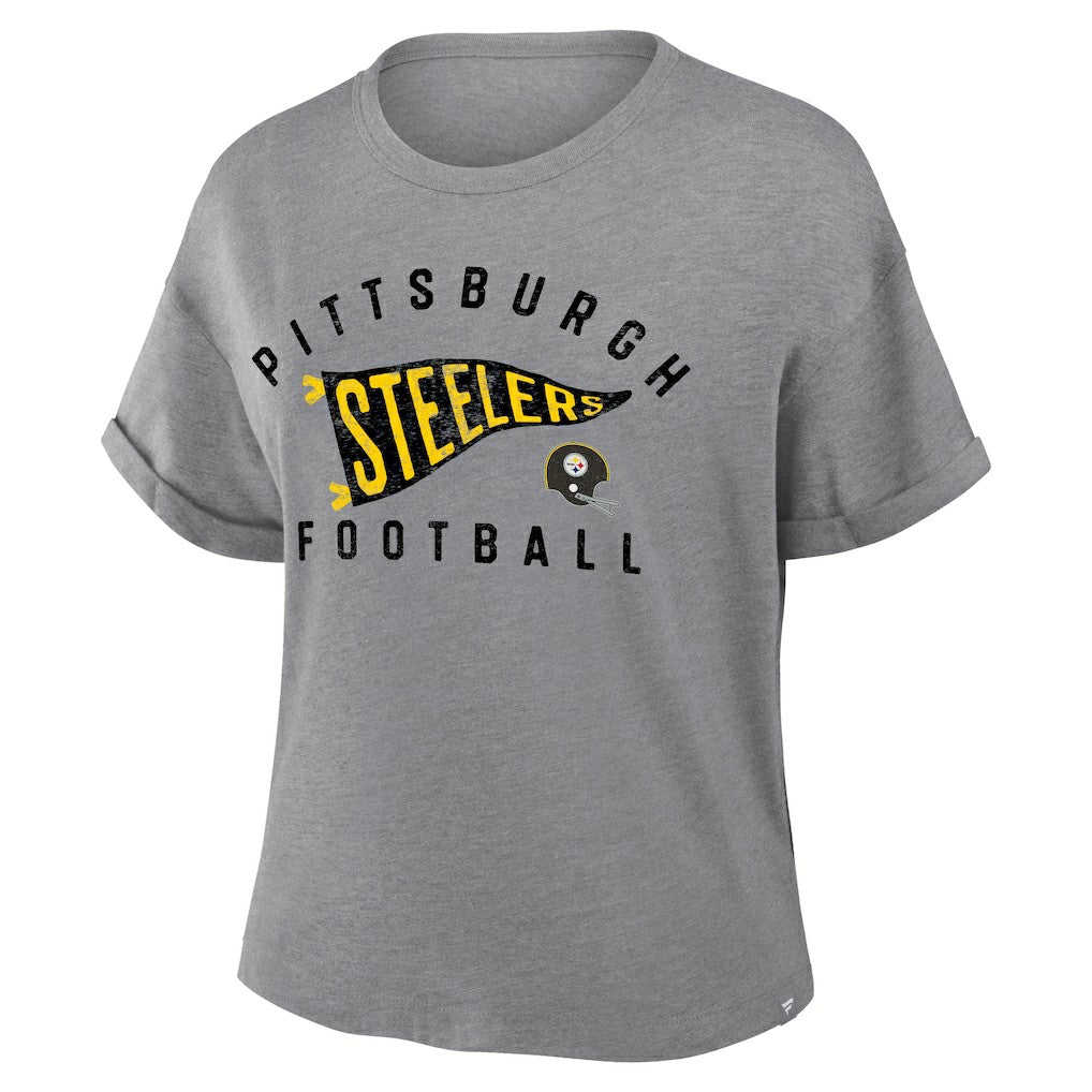 Pittsburgh Steelers Women's Pennant Wave Tribute Tri-Blend Boxy T-Shirt - Heather Gray sale