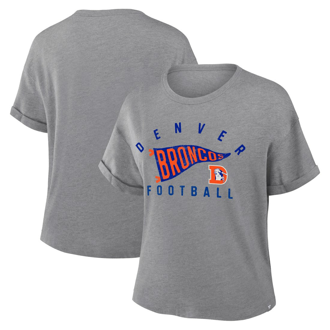 Denver Broncos Women's Pennant Wave Tribute Tri-Blend Boxy T-Shirt - Heather Gray for sale