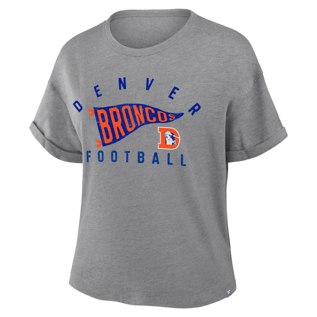 Denver Broncos Women's Pennant Wave Tribute Tri-Blend Boxy T-Shirt - Heather Gray for sale