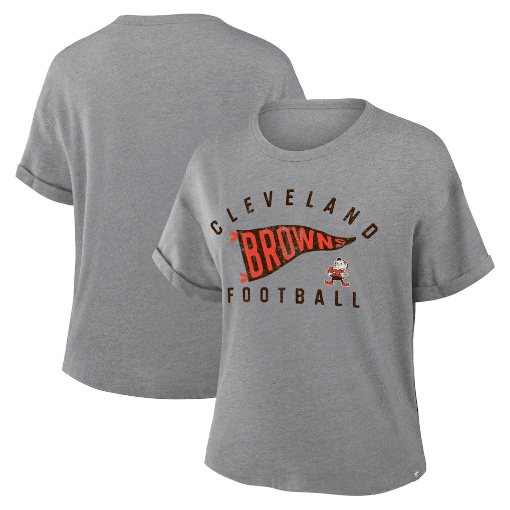 Cleveland Browns Women's Pennant Wave Tribute Tri-Blend Boxy T-Shirt - Heather Gray on sale