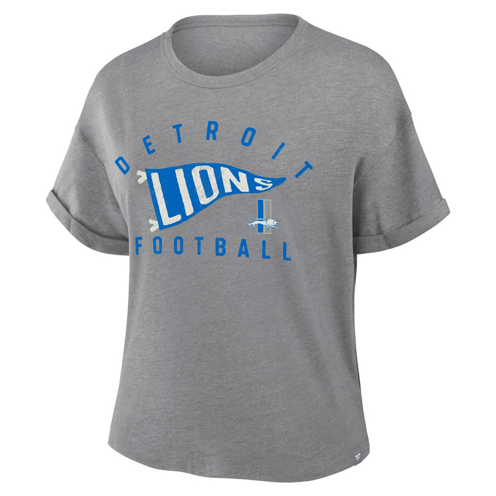 Detroit Lions Women's Pennant Wave Tribute Tri-Blend Boxy T-Shirt - Heather Gray for sale