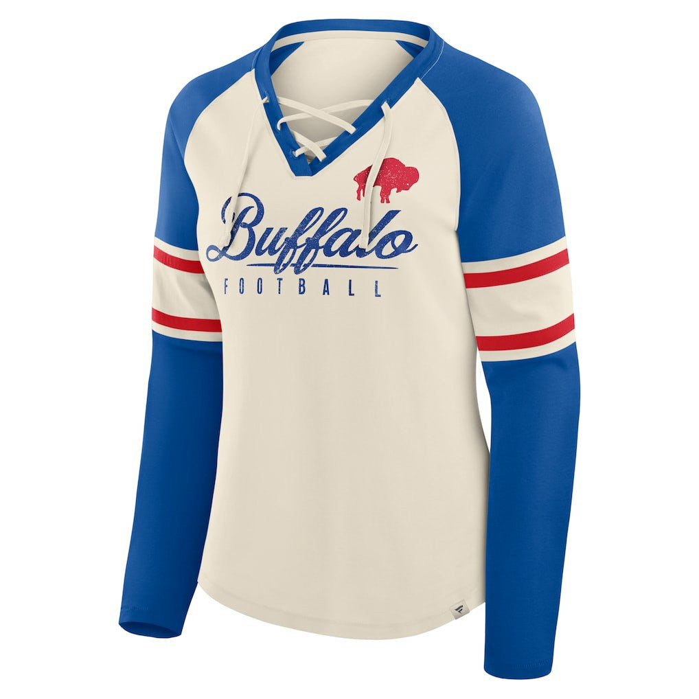 Buffalo Bills Women's Hometown Gridiron Hero Raglan Lace-Up V-Neck Long Sleeve T-Shirt - Cream/Royal sale