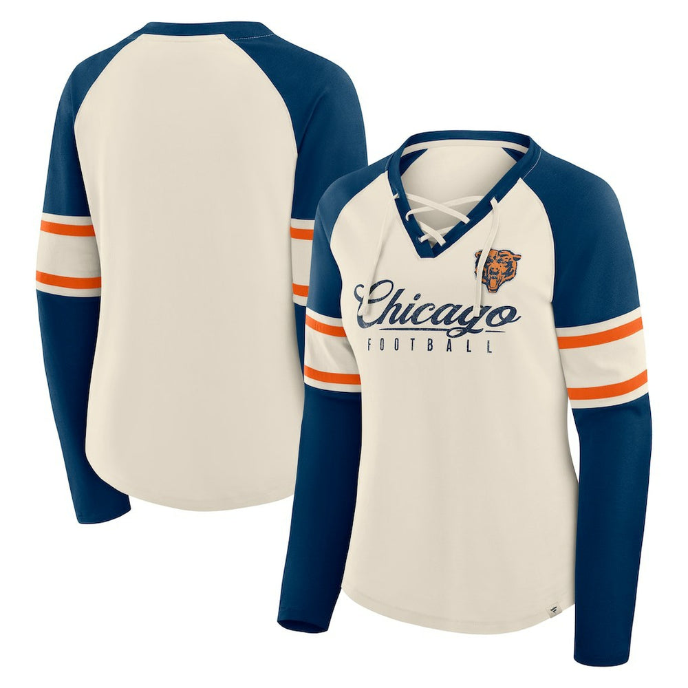 Chicago Bears Women's Hometown Gridiron Hero Raglan Lace-Up V-Neck Long Sleeve T-Shirt - Cream/Navy sale