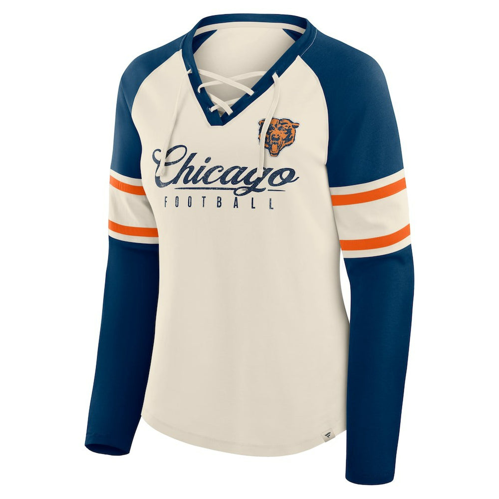 Chicago Bears Women's Hometown Gridiron Hero Raglan Lace-Up V-Neck Long Sleeve T-Shirt - Cream/Navy sale