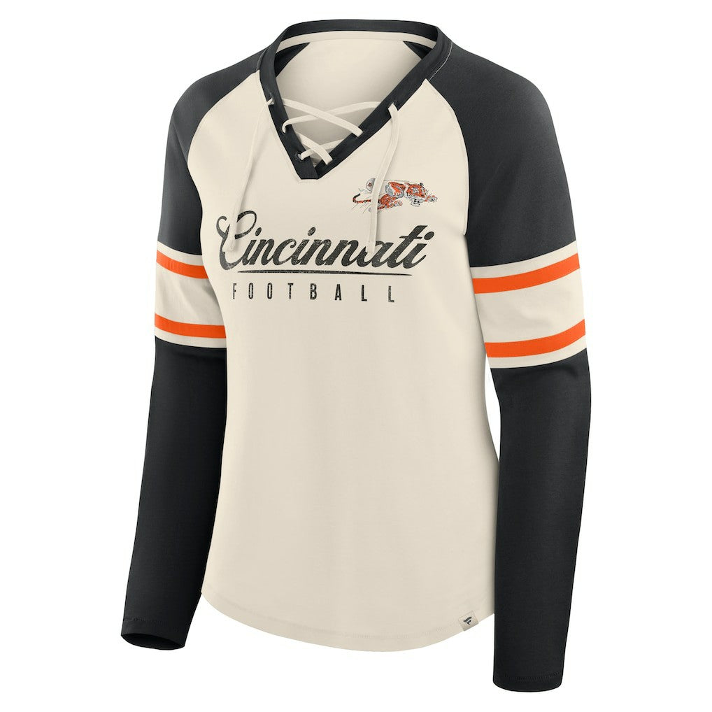 Cincinnati Bengals Women's Hometown Gridiron Hero Raglan Lace-Up V-Neck Long Sleeve T-Shirt - Cream/Black online