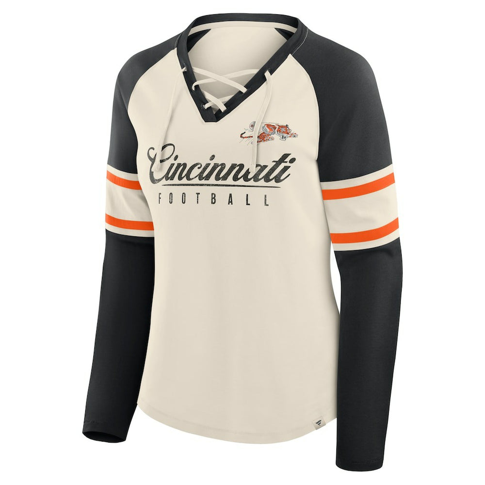 Cincinnati Bengals Women's Hometown Gridiron Hero Raglan Lace-Up V-Neck Long Sleeve T-Shirt - Cream/Black online