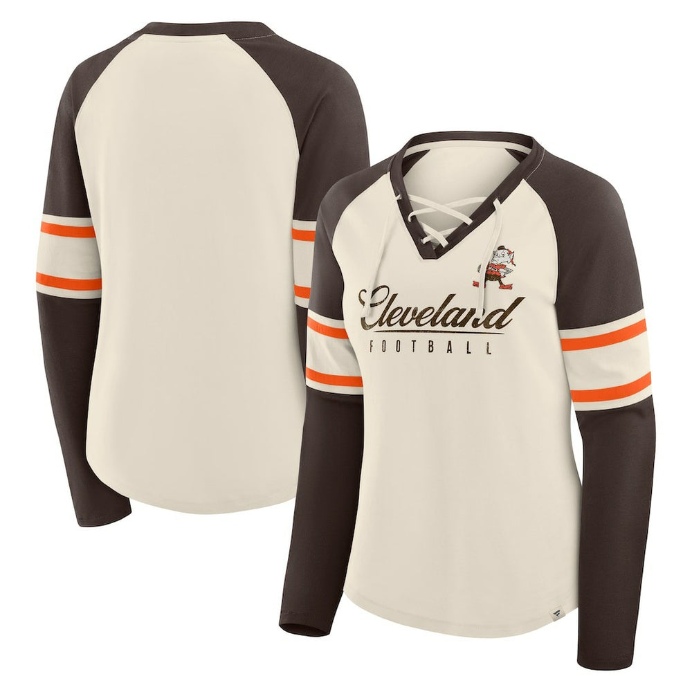 Cleveland Browns Women's Hometown Gridiron Hero Raglan Lace-Up V-Neck Long Sleeve T-Shirt - Cream/Brown discount