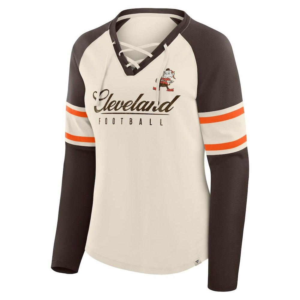 Cleveland Browns Women's Hometown Gridiron Hero Raglan Lace-Up V-Neck Long Sleeve T-Shirt - Cream/Brown discount