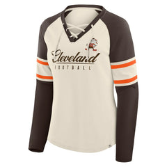 Cleveland Browns Women's Hometown Gridiron Hero Raglan Lace-Up V-Neck Long Sleeve T-Shirt - Cream/Brown discount