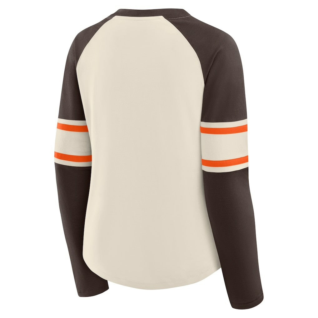 Cleveland Browns Women's Hometown Gridiron Hero Raglan Lace-Up V-Neck Long Sleeve T-Shirt - Cream/Brown discount