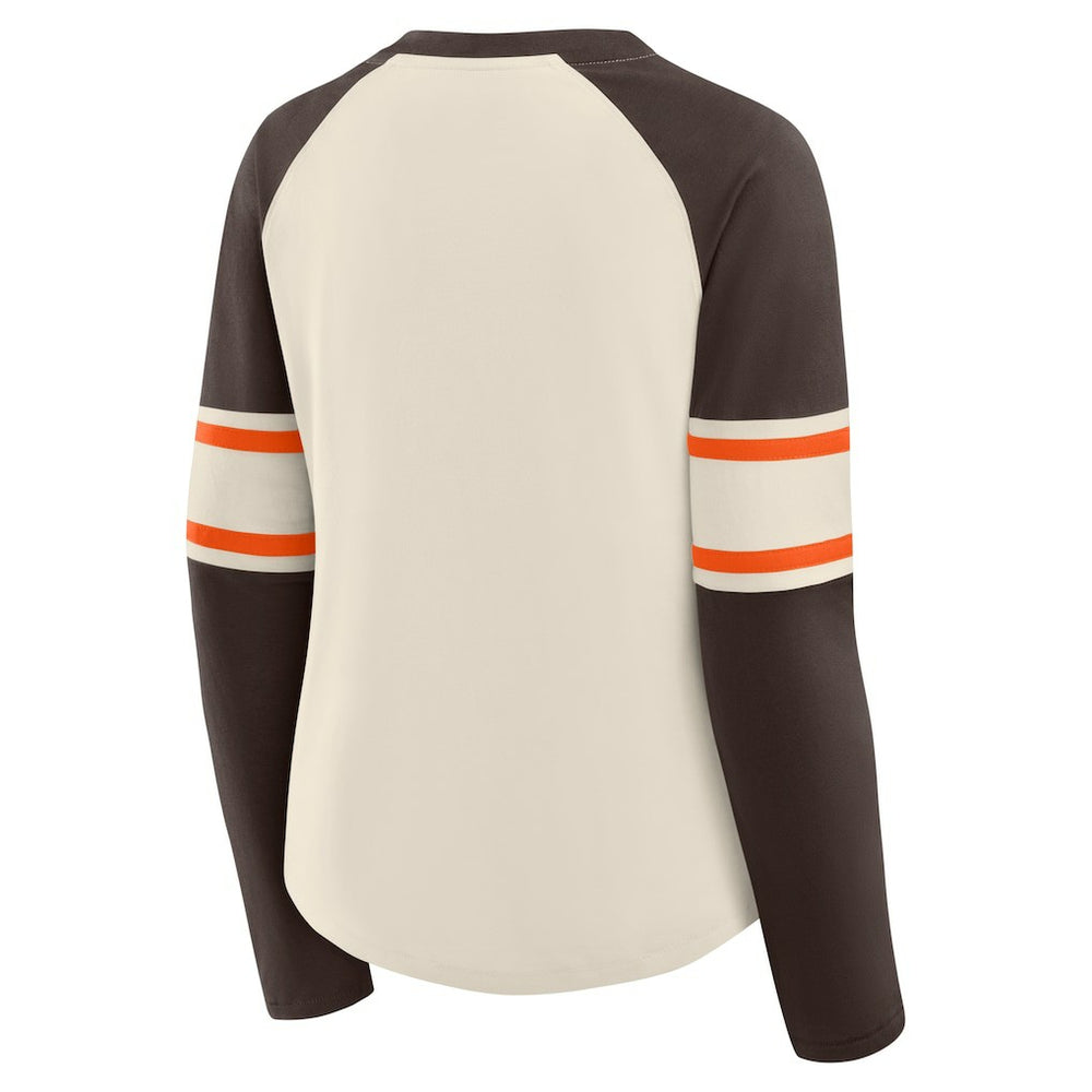 Cleveland Browns Women's Hometown Gridiron Hero Raglan Lace-Up V-Neck Long Sleeve T-Shirt - Cream/Brown discount