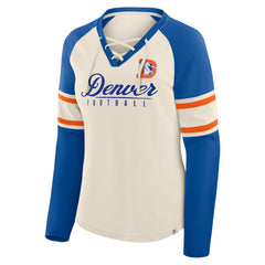Denver Broncos Women's Hometown Gridiron Hero Raglan Lace-Up V-Neck Long Sleeve T-Shirt - Cream/Royal sale