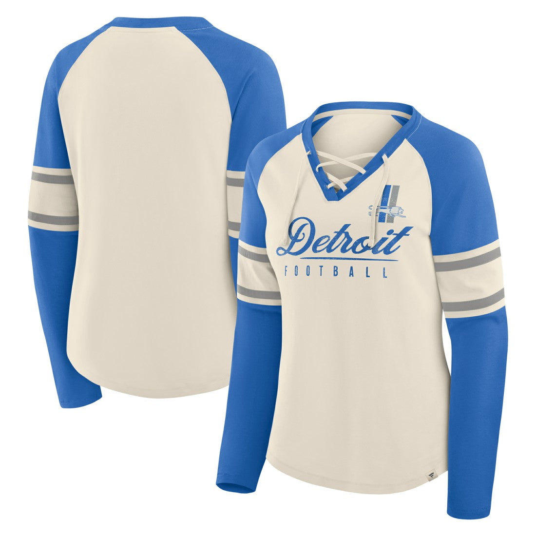Detroit Lions Women's Hometown Gridiron Hero Raglan Lace-Up V-Neck Long Sleeve T-Shirt - Cream/Blue on sale