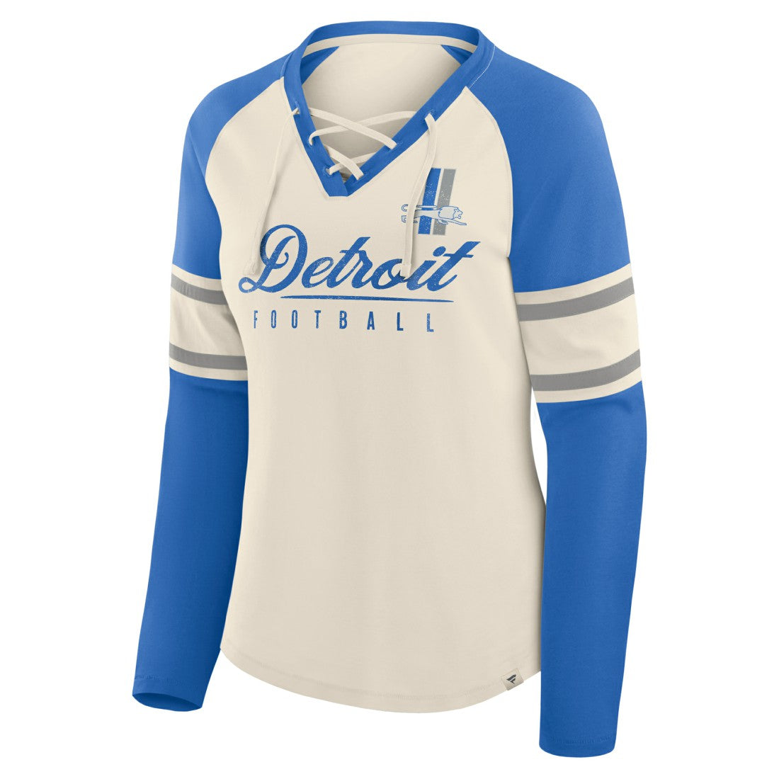 Detroit Lions Women's Hometown Gridiron Hero Raglan Lace-Up V-Neck Long Sleeve T-Shirt - Cream/Blue on sale