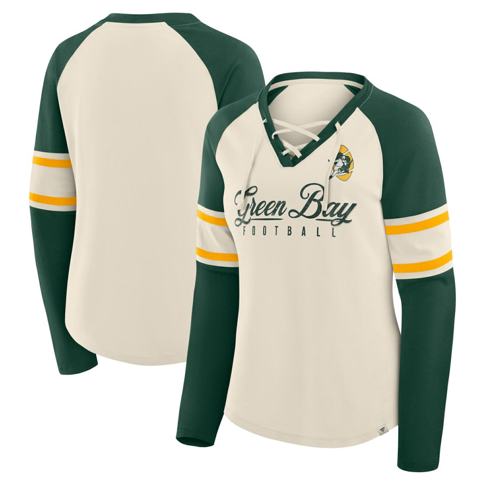 Green Bay Packers Women's Hometown Gridiron Hero Raglan Lace-Up V-Neck Long Sleeve T-Shirt - Cream/Green online