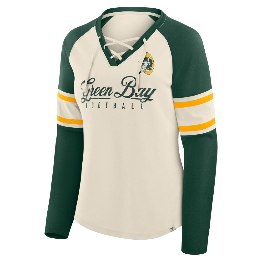 Green Bay Packers Women's Hometown Gridiron Hero Raglan Lace-Up V-Neck Long Sleeve T-Shirt - Cream/Green online