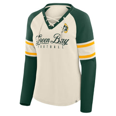 Green Bay Packers Women's Hometown Gridiron Hero Raglan Lace-Up V-Neck Long Sleeve T-Shirt - Cream/Green online