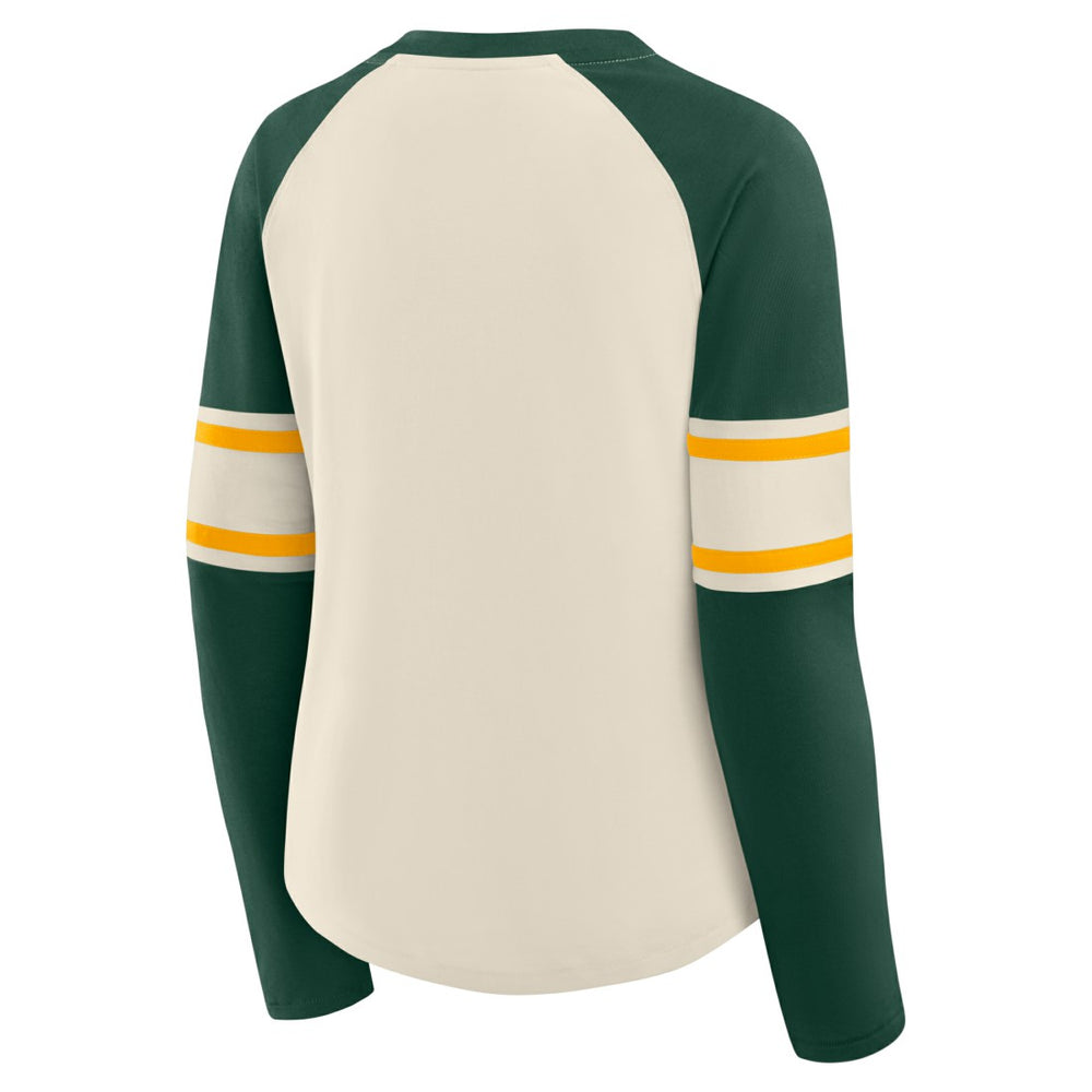 Green Bay Packers Women's Hometown Gridiron Hero Raglan Lace-Up V-Neck Long Sleeve T-Shirt - Cream/Green online