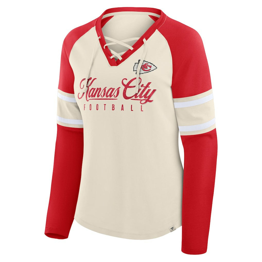 Kansas City Chiefs Women's Hometown Gridiron Hero Raglan Lace-Up V-Neck Long Sleeve T-Shirt - Cream/Red on sale
