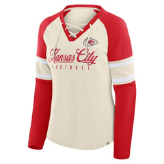 Kansas City Chiefs Women's Hometown Gridiron Hero Raglan Lace-Up V-Neck Long Sleeve T-Shirt - Cream/Red on sale