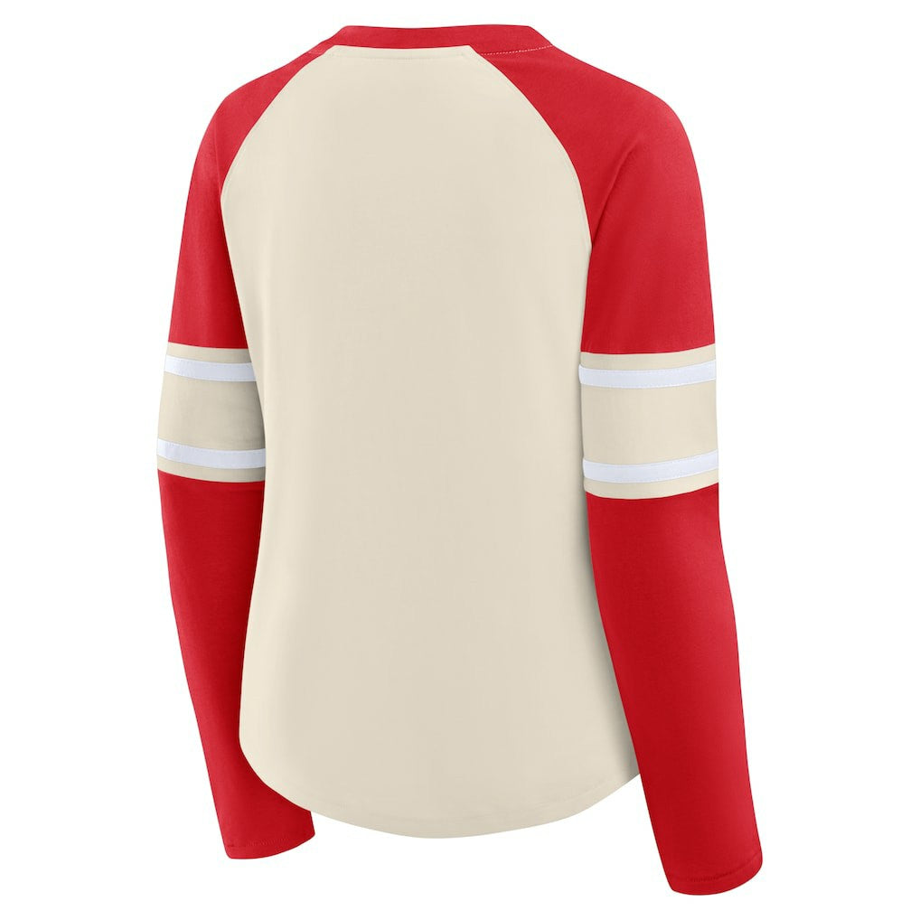Kansas City Chiefs Women's Hometown Gridiron Hero Raglan Lace-Up V-Neck Long Sleeve T-Shirt - Cream/Red on sale