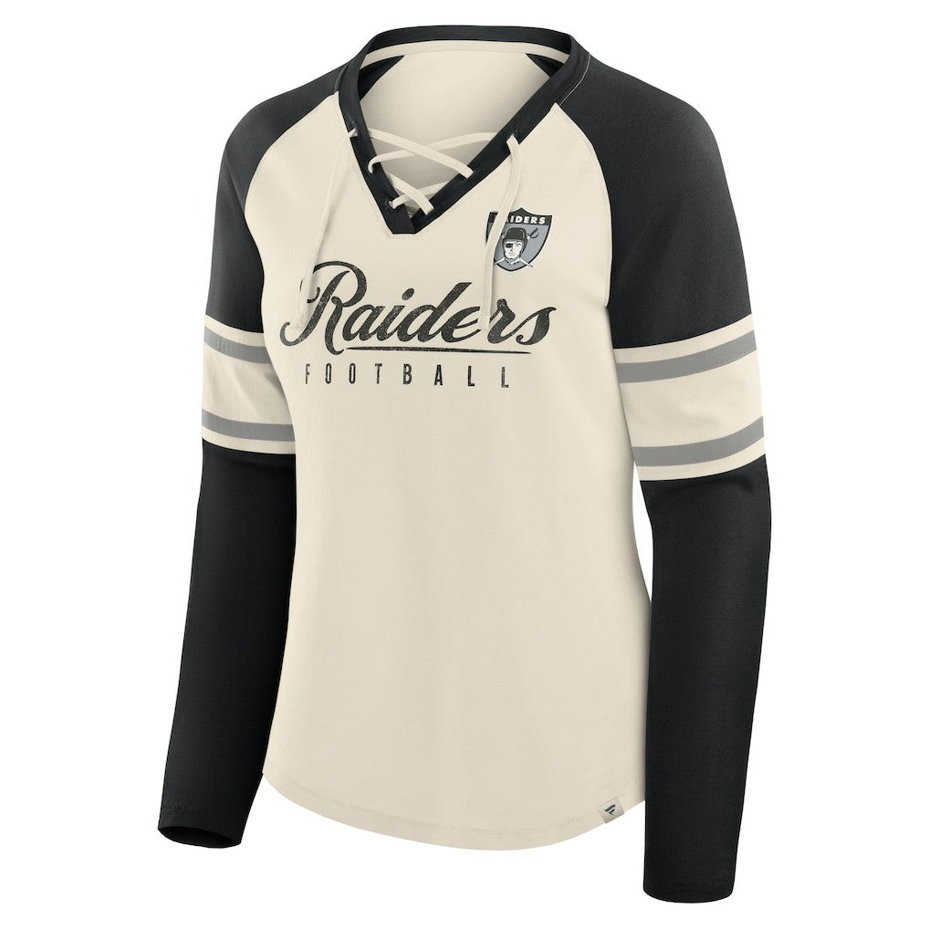Las Vegas Raiders Women's Hometown Gridiron Hero Raglan Lace-Up V-Neck Long Sleeve T-Shirt - Cream/Black sale