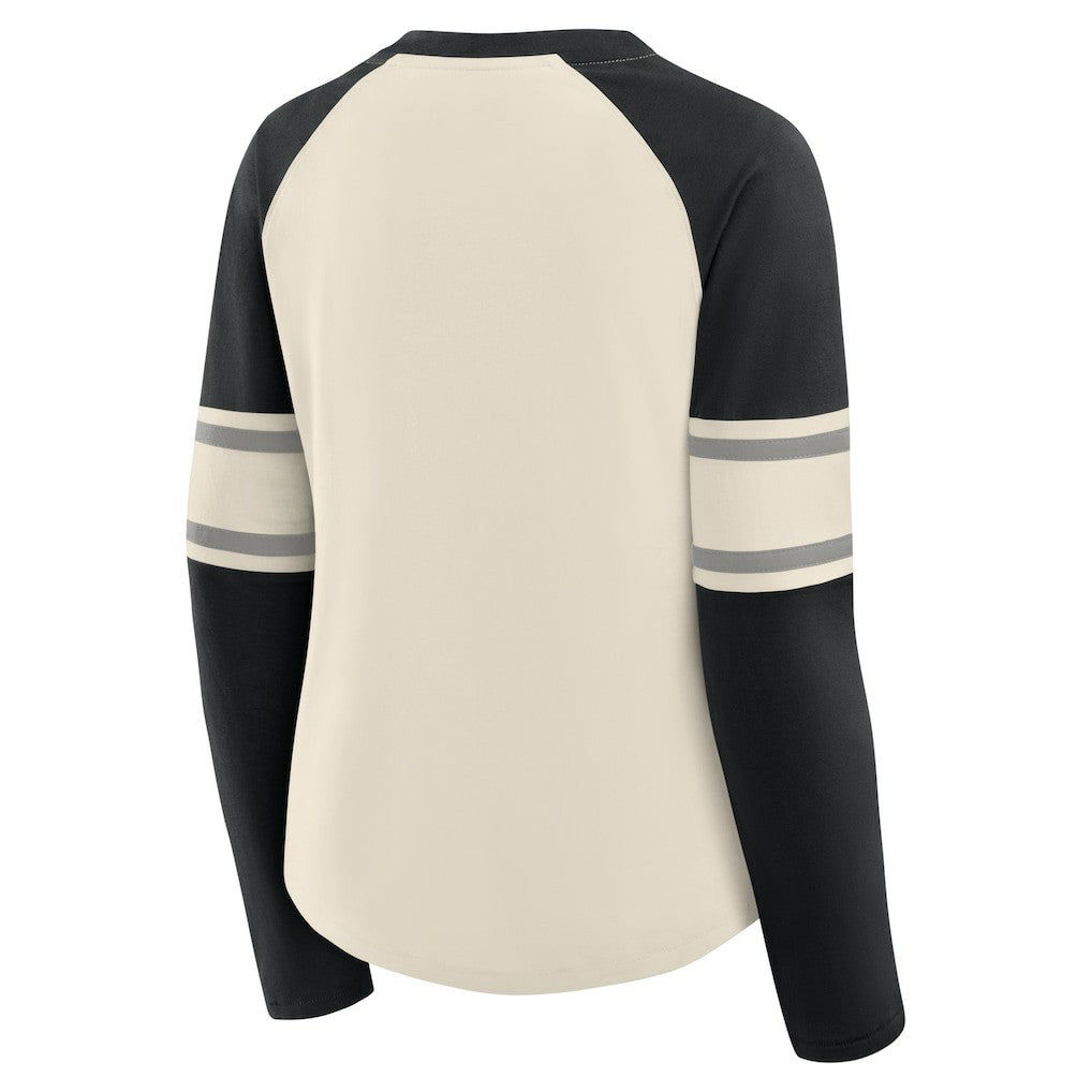 Las Vegas Raiders Women's Hometown Gridiron Hero Raglan Lace-Up V-Neck Long Sleeve T-Shirt - Cream/Black sale