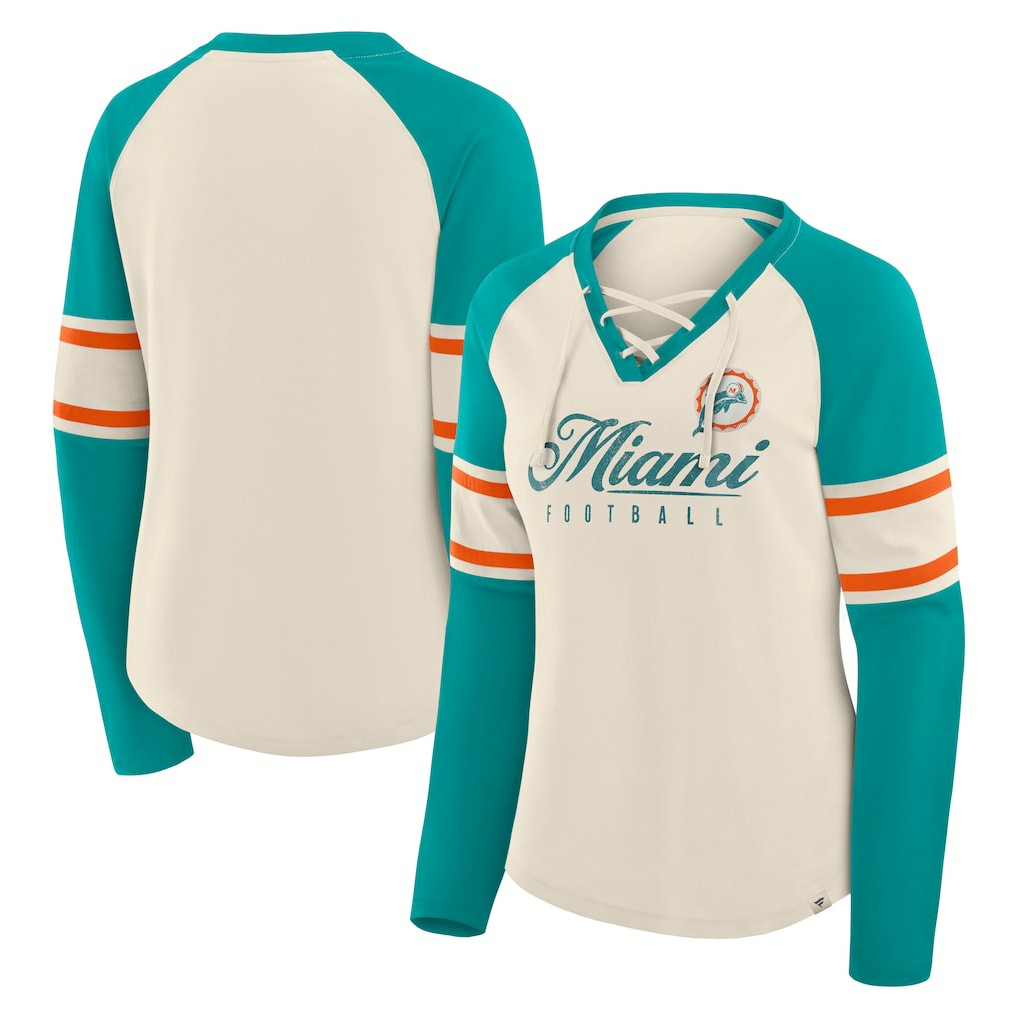 Miami Dolphins Women's Hometown Gridiron Hero Raglan Lace-Up V-Neck Long Sleeve T-Shirt - Cream/Aqua for sale