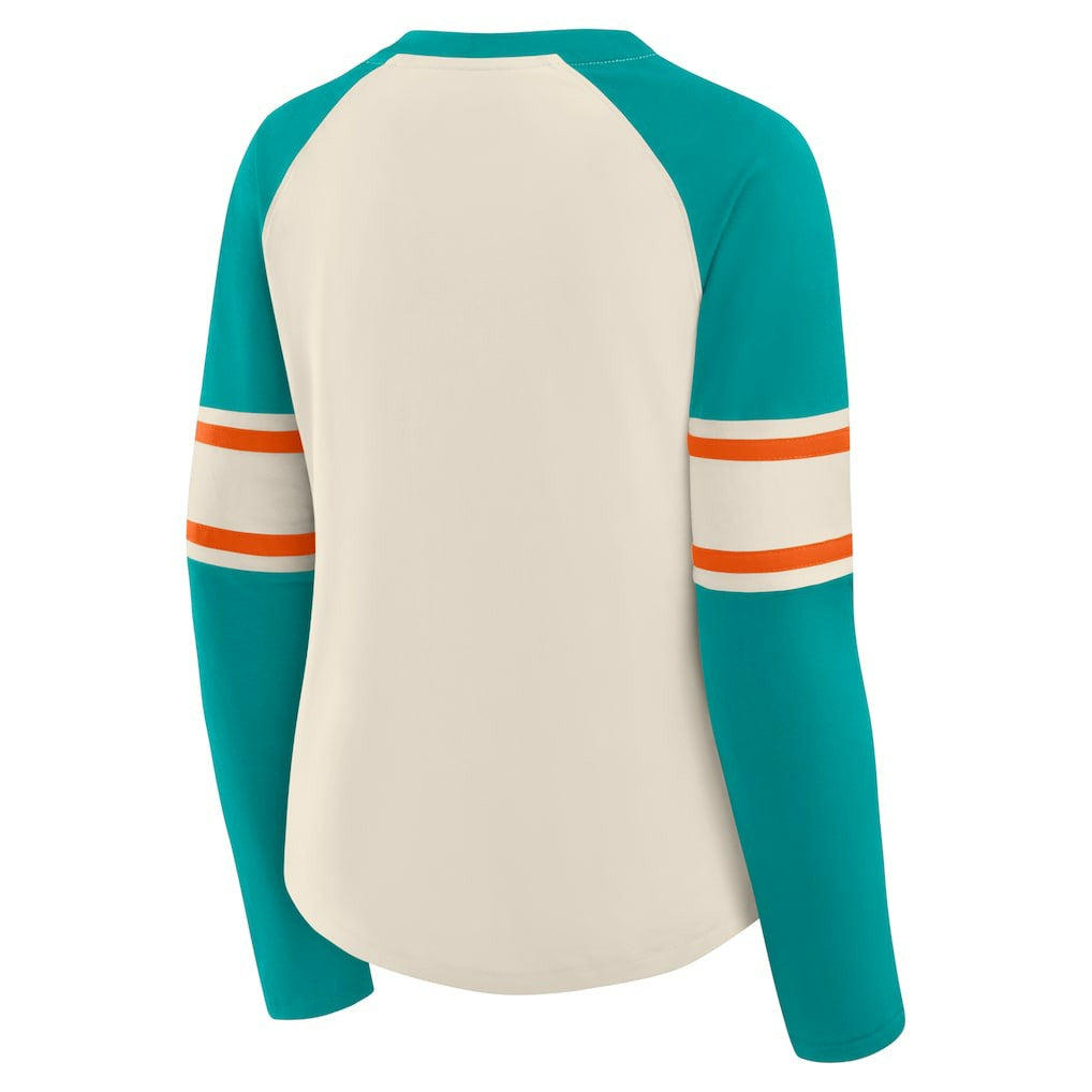 Miami Dolphins Women's Hometown Gridiron Hero Raglan Lace-Up V-Neck Long Sleeve T-Shirt - Cream/Aqua for sale