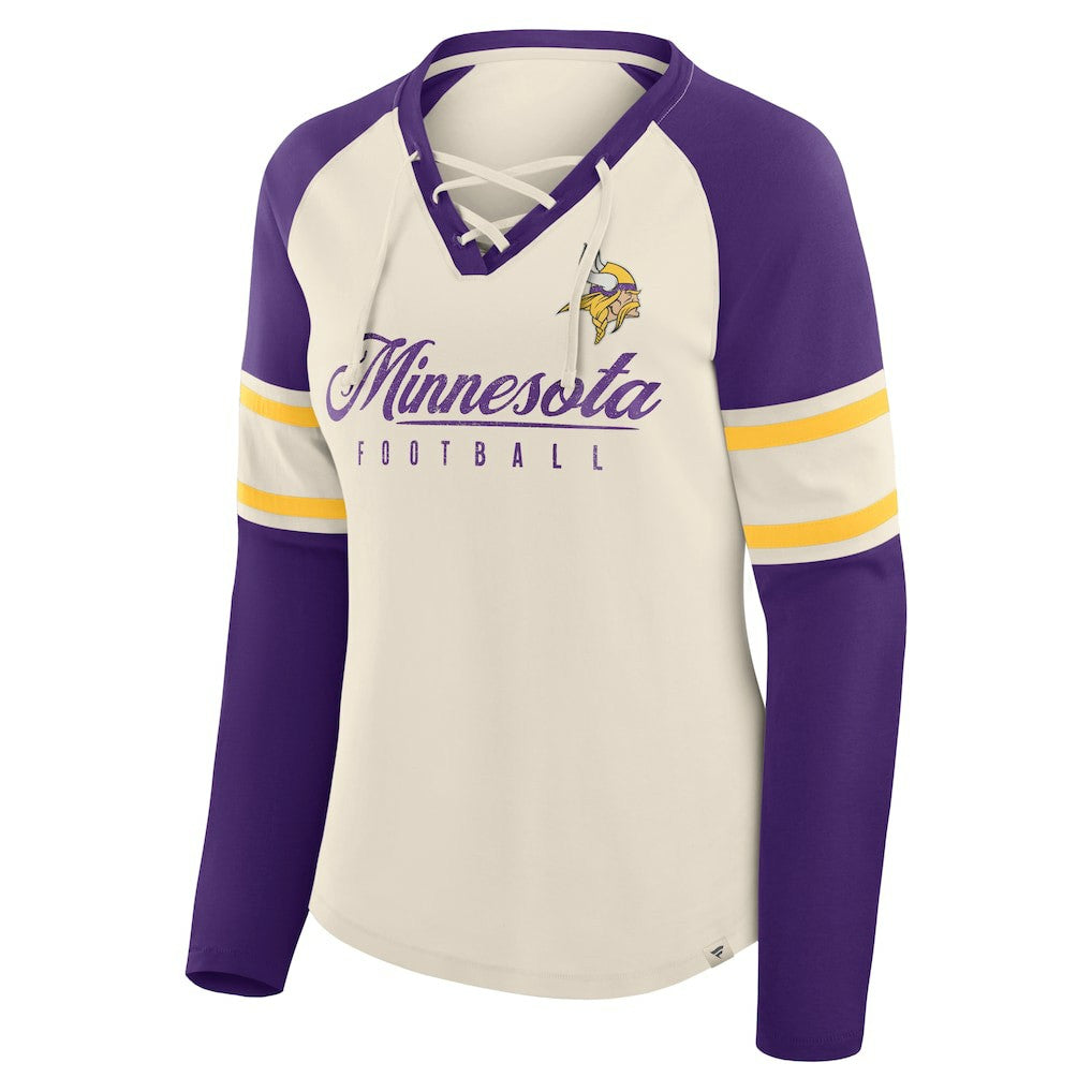 Minnesota Vikings Women's Hometown Gridiron Hero Raglan Lace-Up V-Neck Long Sleeve T-Shirt - Cream/Purple sale