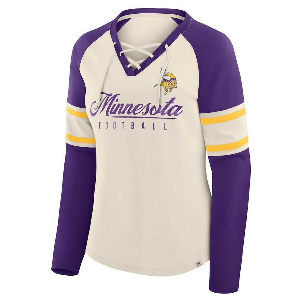 Minnesota Vikings Women's Hometown Gridiron Hero Raglan Lace-Up V-Neck Long Sleeve T-Shirt - Cream/Purple sale