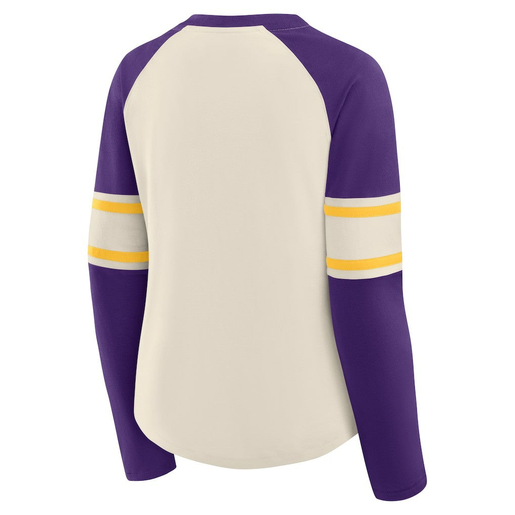 Minnesota Vikings Women's Hometown Gridiron Hero Raglan Lace-Up V-Neck Long Sleeve T-Shirt - Cream/Purple sale